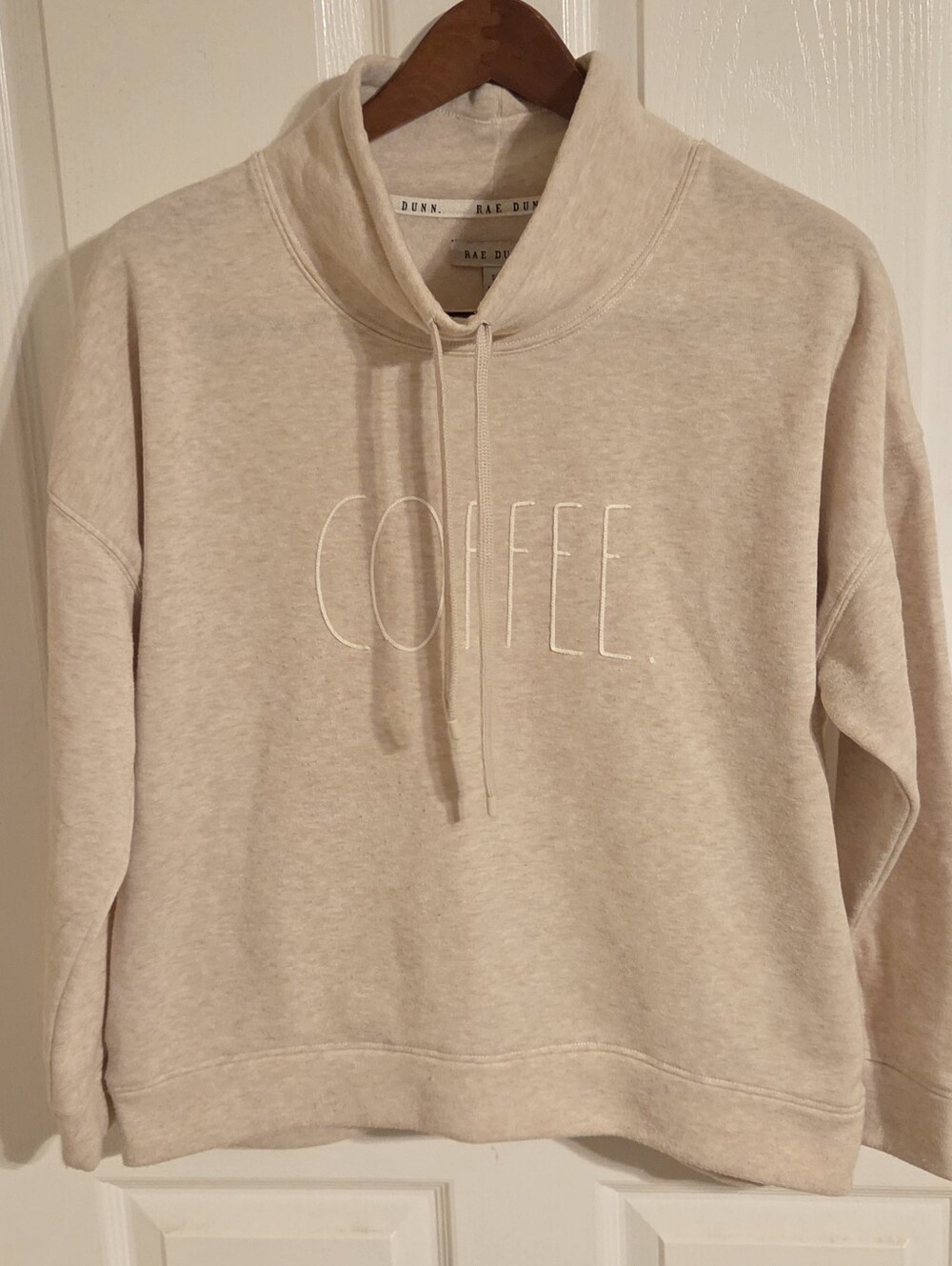 Rae Dunn 'COFFEE' Drawstring Mock Neck Pullover - Cream Size Small